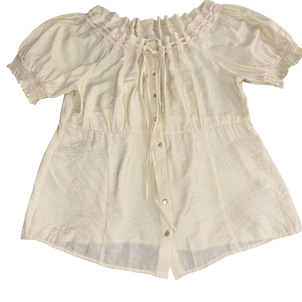 Caribbean Joe Pale Yellow Shimmer Peasant Blouse Size L Boho Tie Neck